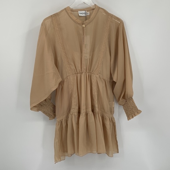 SNDYS Coco mini dress sand tan boho chiffon lace tier skirt sheer new Small - Picture 2 of 6